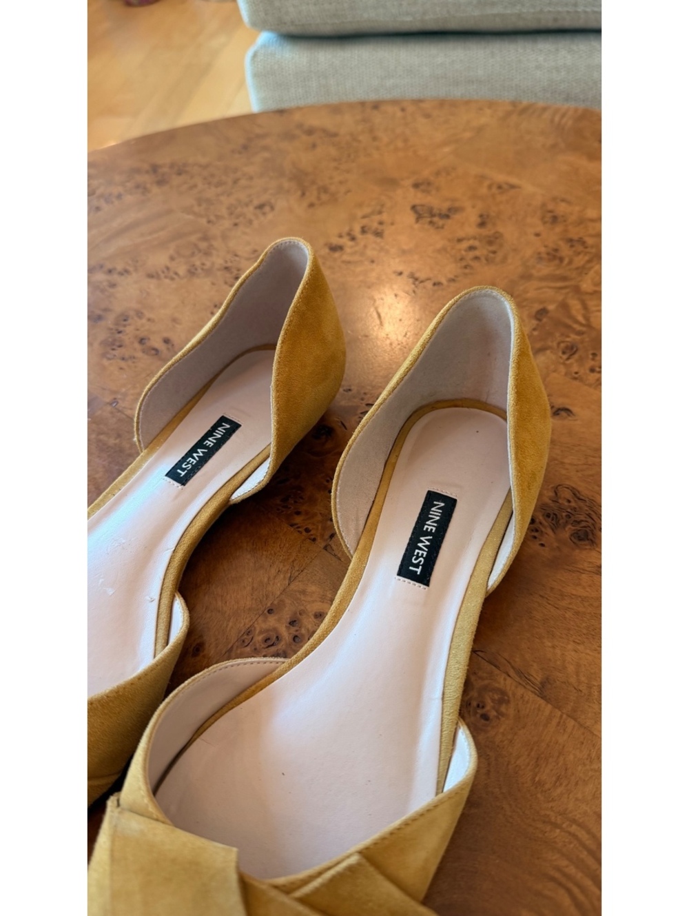 Nine West Mustard Suede Pointed Toe Flats with Bow Detail - Picture 3 of 7
